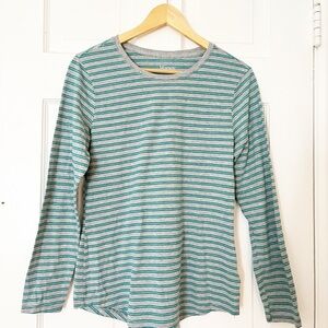 Hanes Womens Medium Striped Long Sleeve Shirt Grey and Green Stripes Preppy